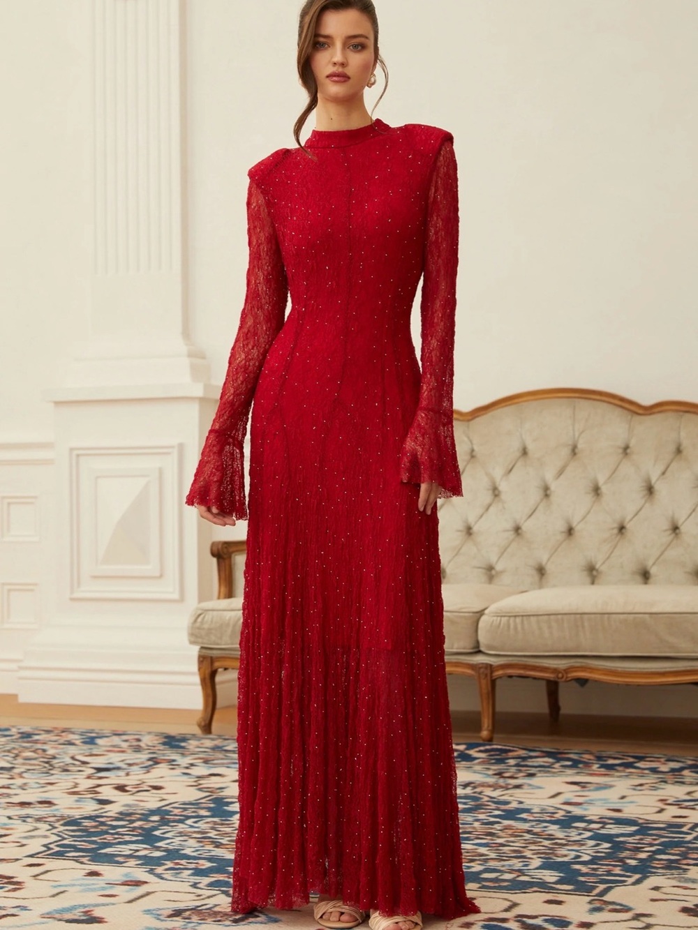 Miss Rosier Red lace maxi dress with long sleeves and high neck